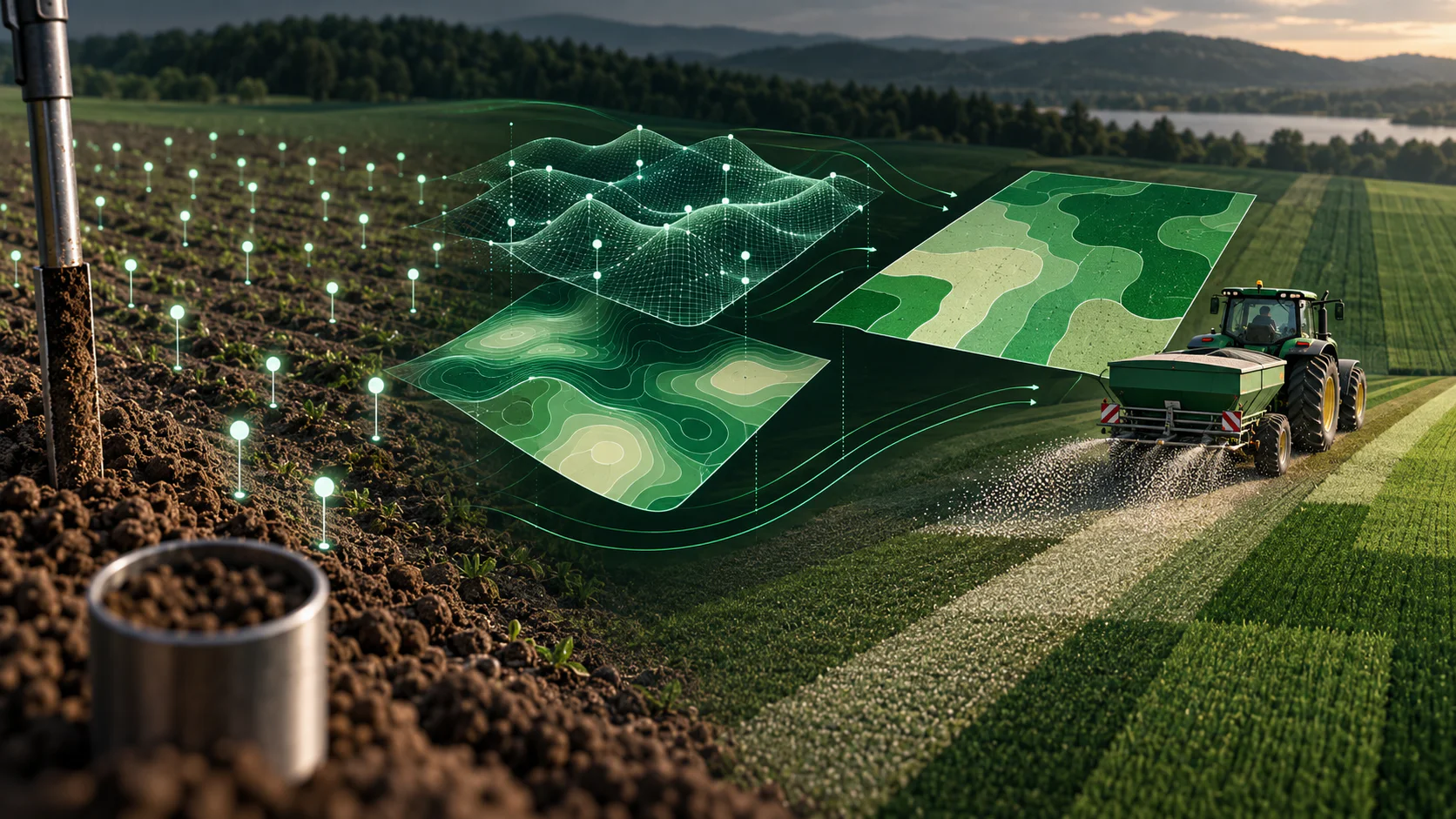 Scattered soil measurements being interpolated into management zones for targeted variable-rate fertilizer application