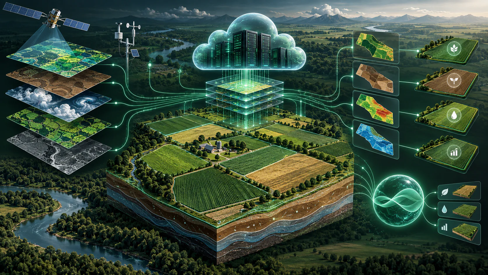 A digital farm platform unifying field boundaries, soils, weather, crop history, satellite imagery and cloud analytics