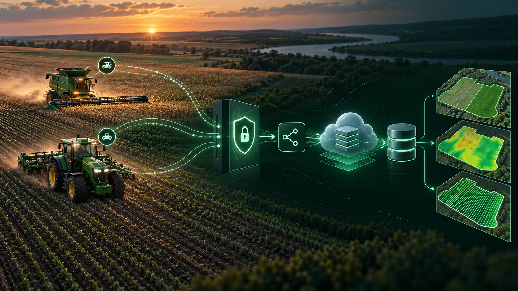 Agricultural machines sending authenticated field-operation data through secure cloud processing into validated spatial datasets