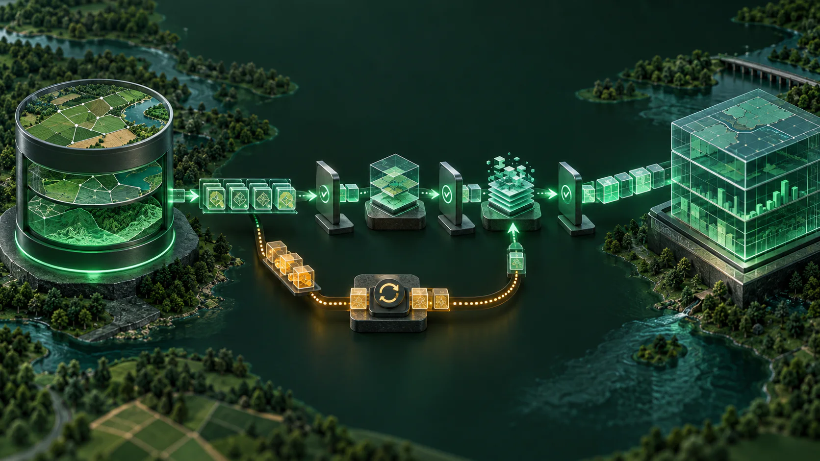 Spatial records passing through checkpoints, incremental transformations and a recovery loop into an analytical data warehouse
