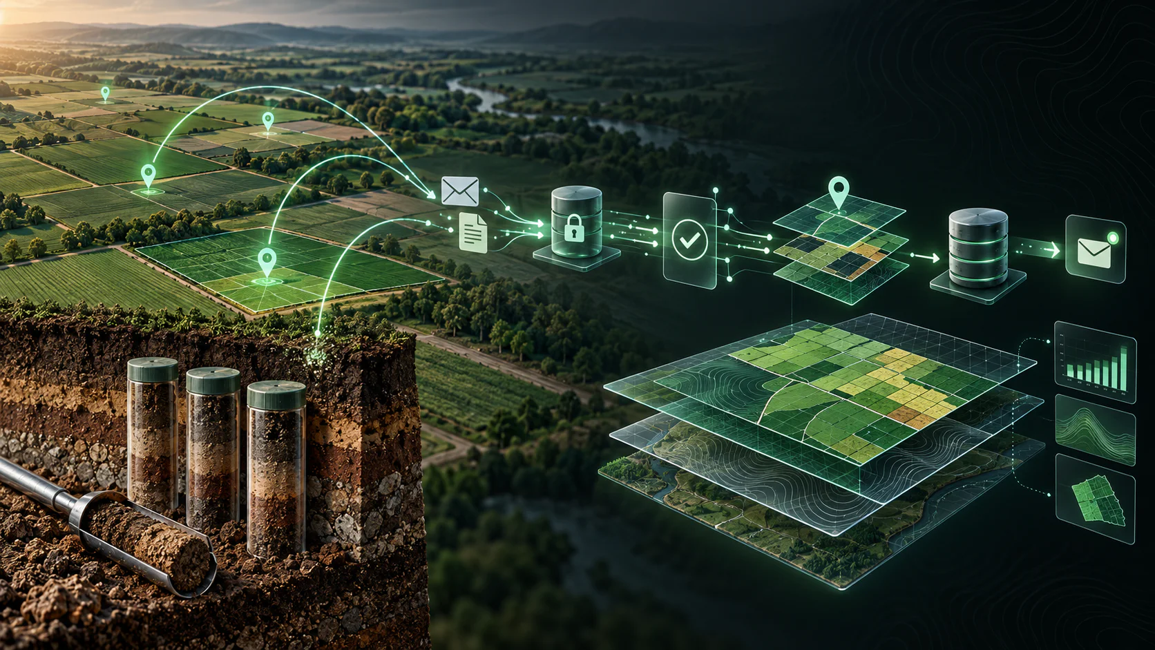 Soil samples moving from mapped agricultural fields through secure ingestion, validation, spatial assignment and analytics delivery
