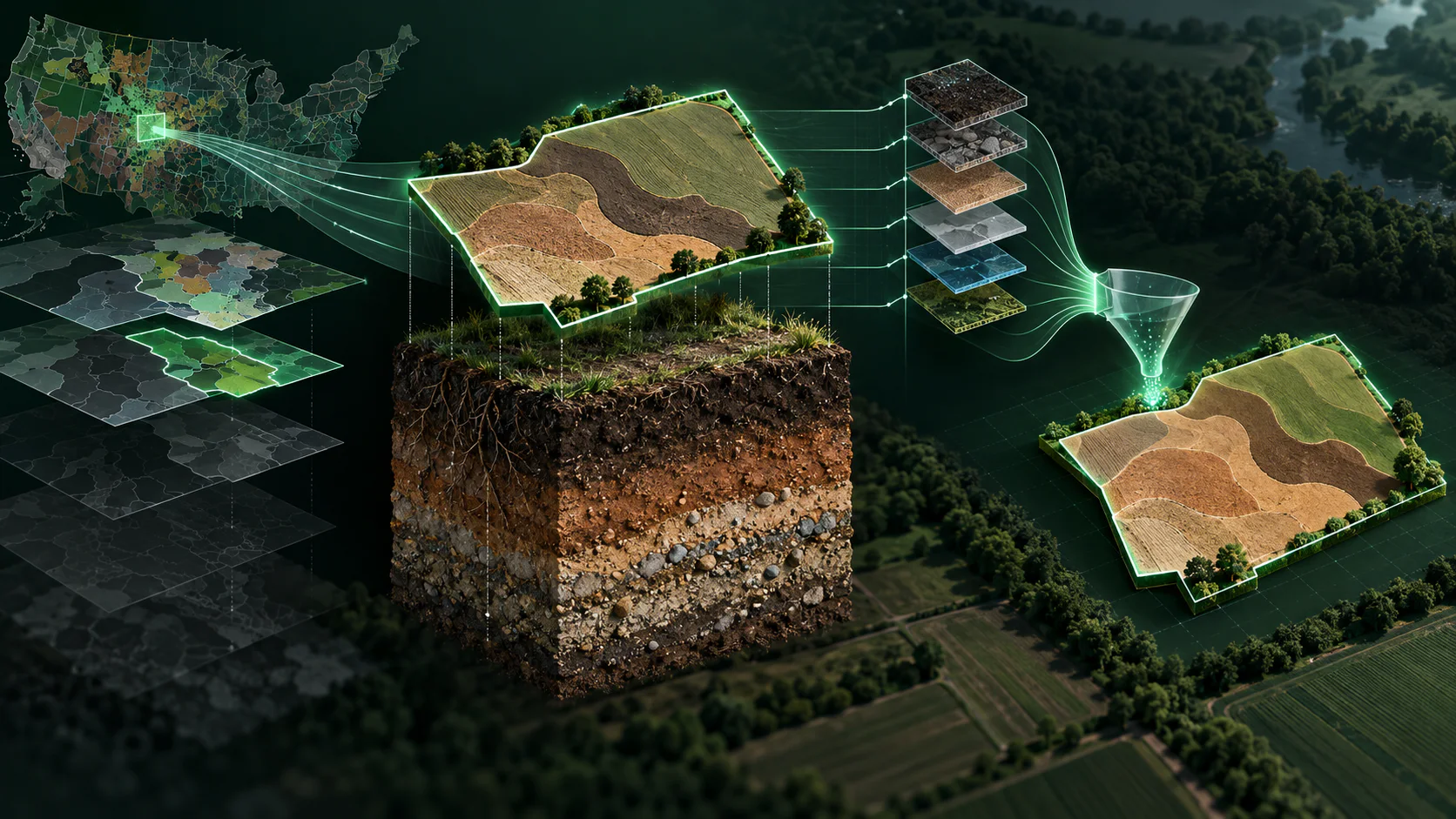 A field boundary selecting relevant soil property layers from a national soil-data mosaic and normalizing them into a field-scale map