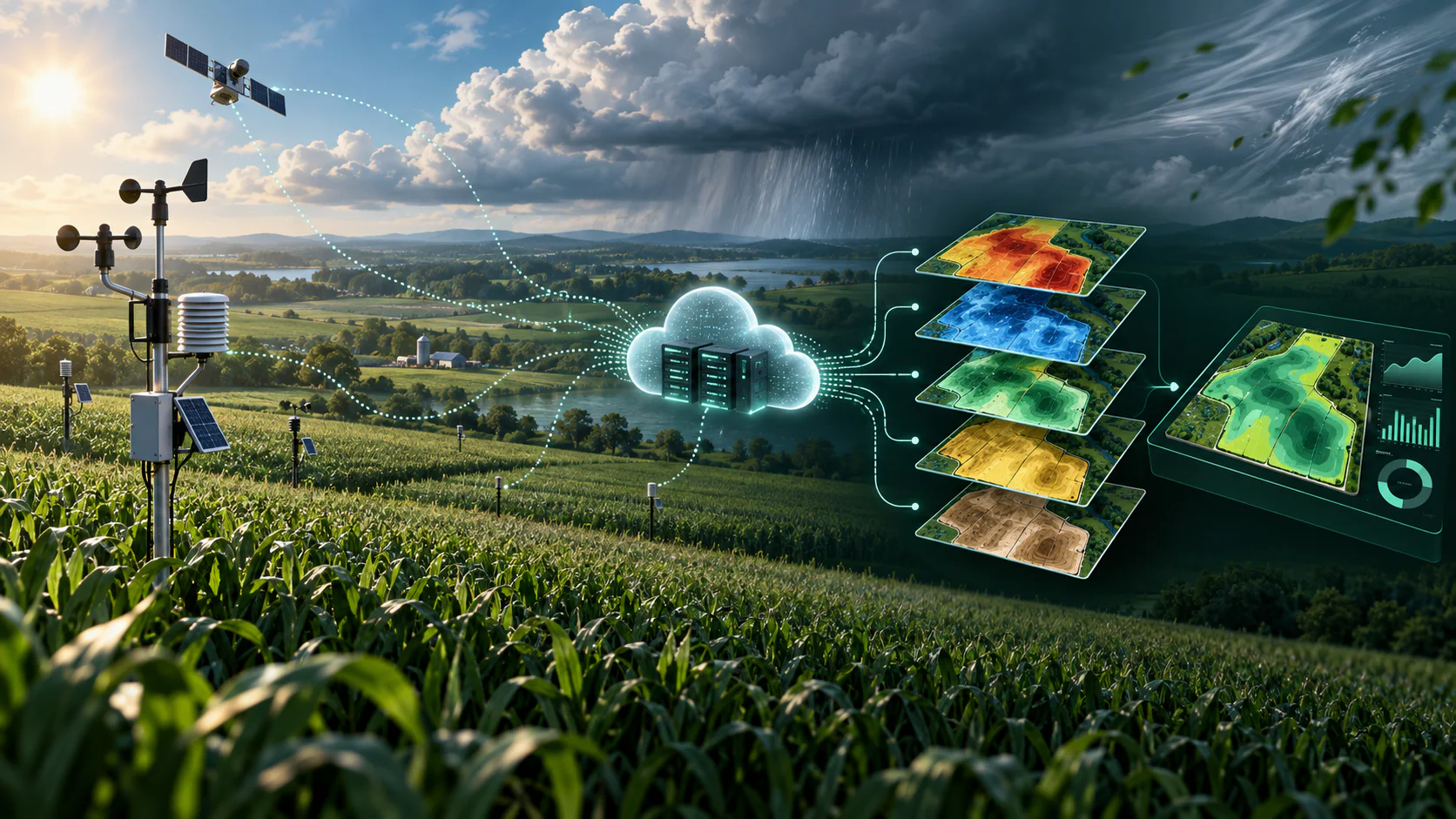 Field weather stations, satellite observations and atmospheric conditions flowing through cloud processing into agricultural weather maps